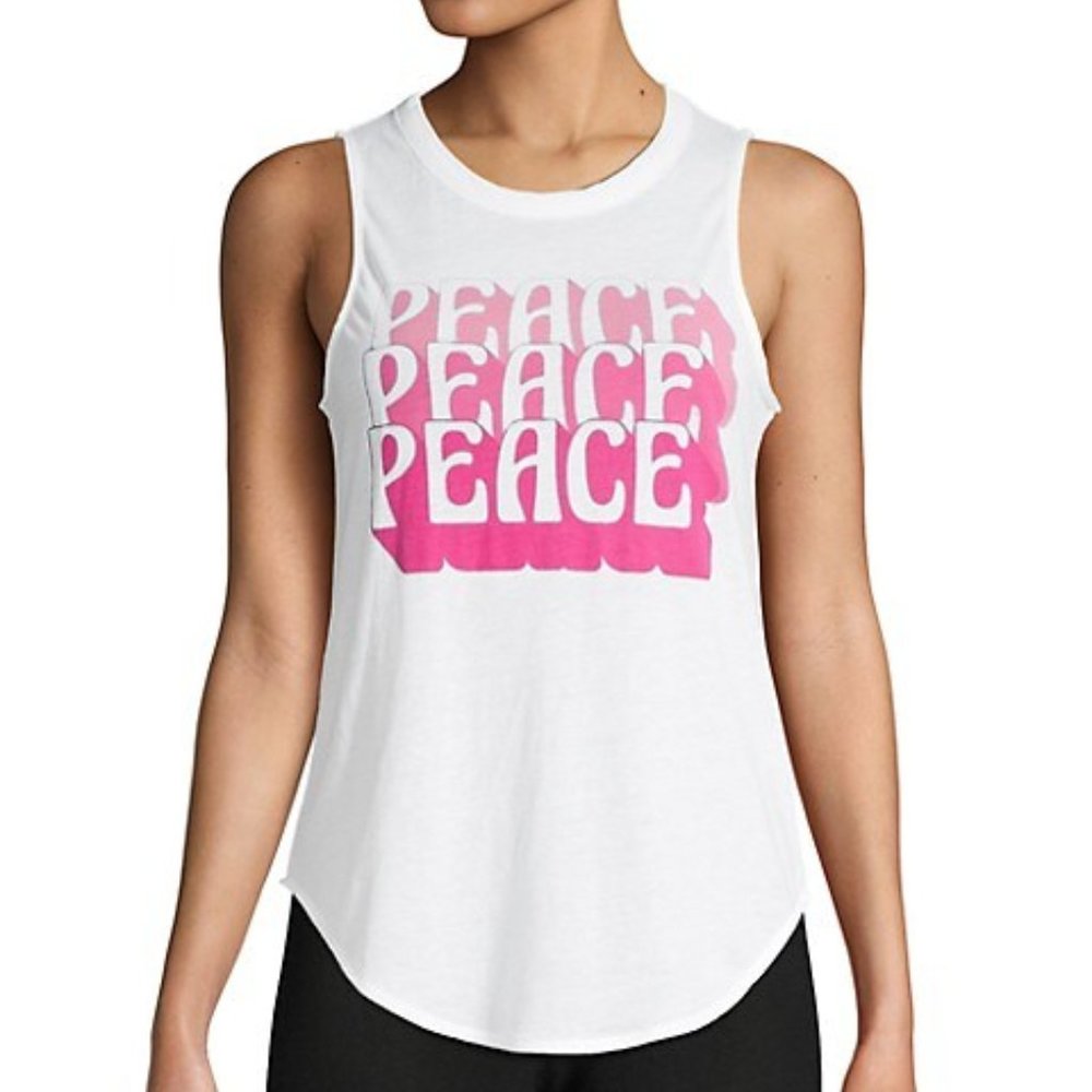Chaser Peace Graphic Cotton Blend Tank Top Size L Pink & White